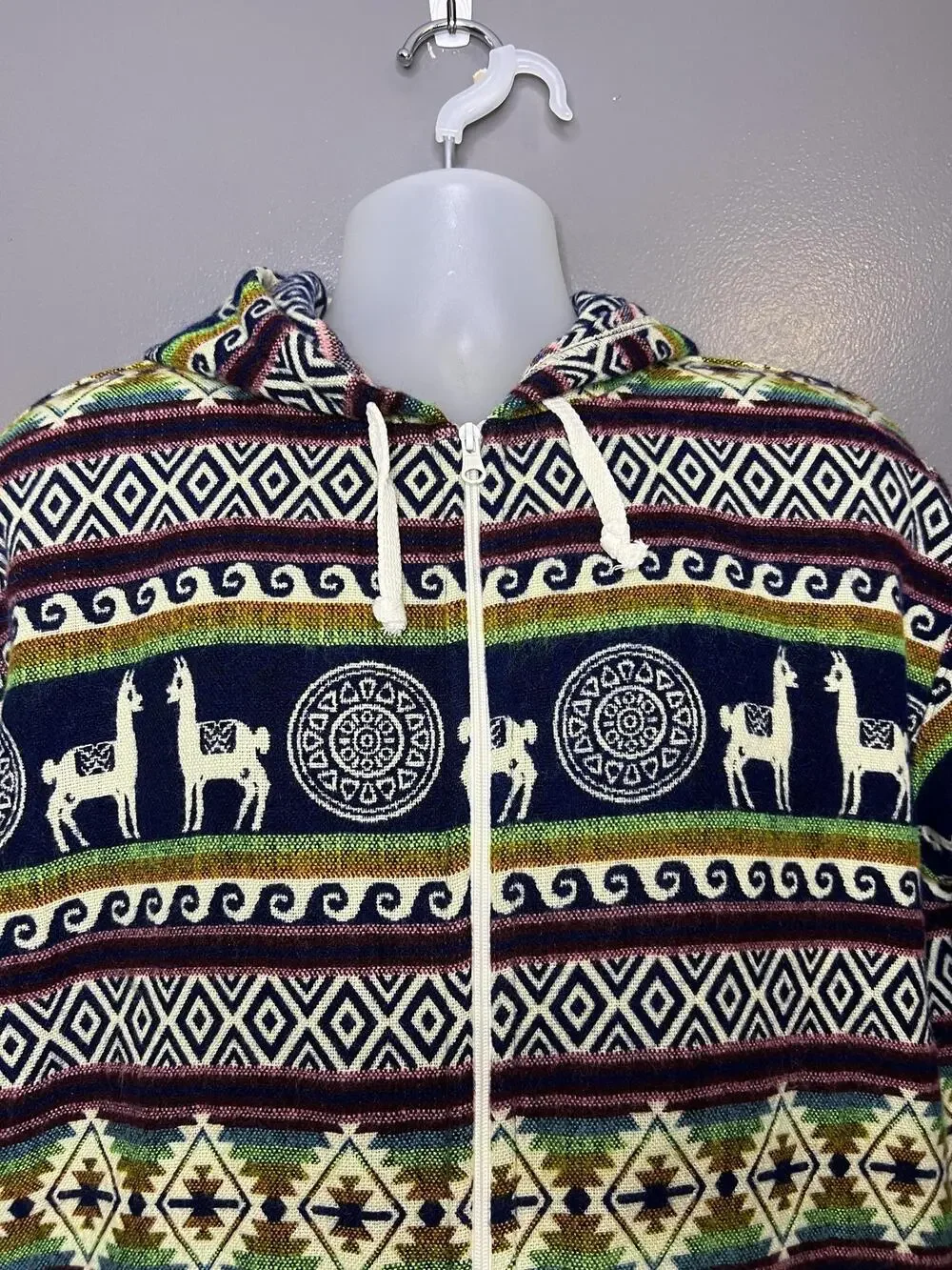 Llama Alpaca Sweater Mens XL Wool Blue Hooded Full Zip Knit Ecuador Tribal